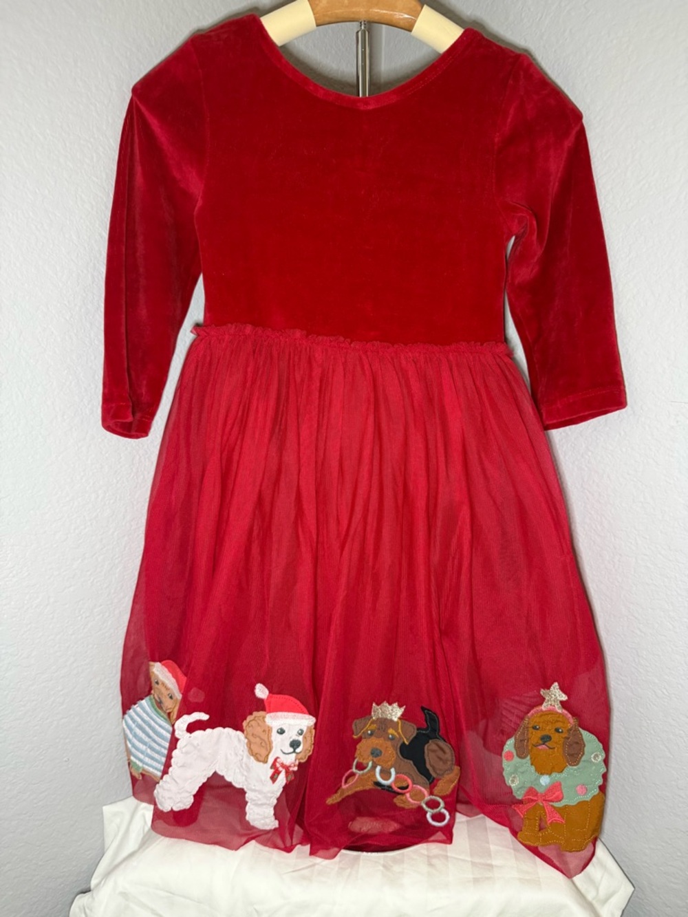 Mini Boden Girls Size 7-8 Velvet Tulle Appliqué Dress Red Dogs Holiday Christmas